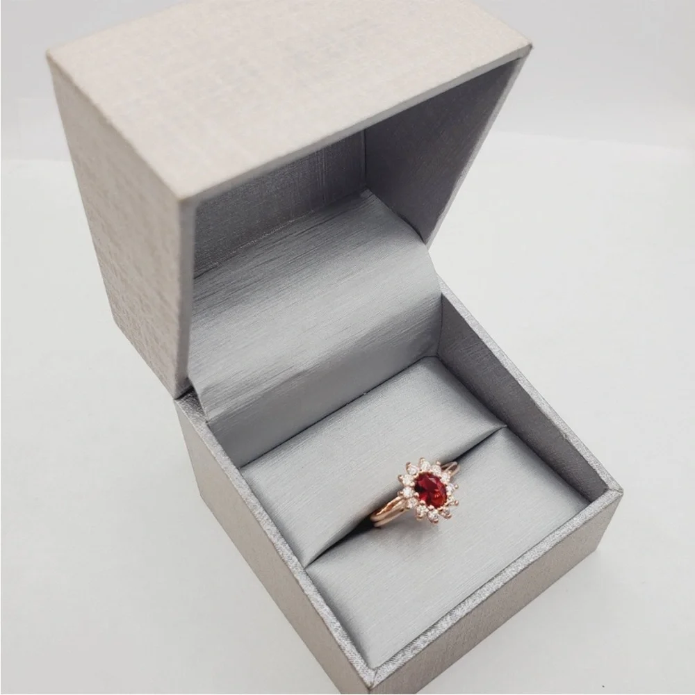 Red Oval Cut Ruby Simulant 18k Pink Rose Gold Tone Diamond Simulants Halo Ring